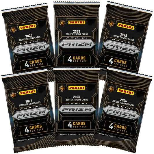 Six Panini Prizm FIFA Club World Cup 2025 soccer trading card packs included inside the blaster box with exclusive Prizm parallels and inserts.