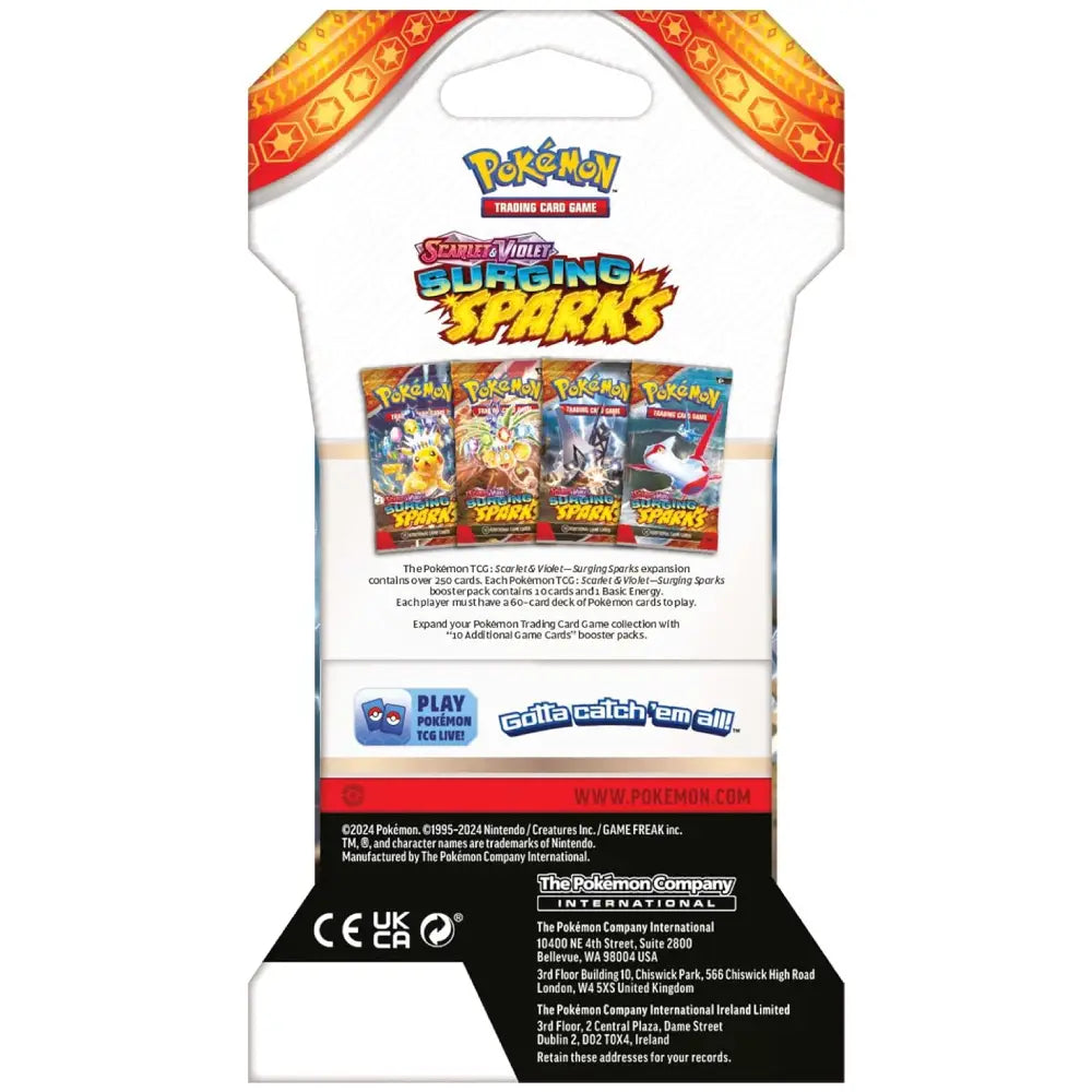 Pokemon TCG Scarlet & Violet Surging Sparks 3 Booster Pack Blister Back View – English | TCGVault