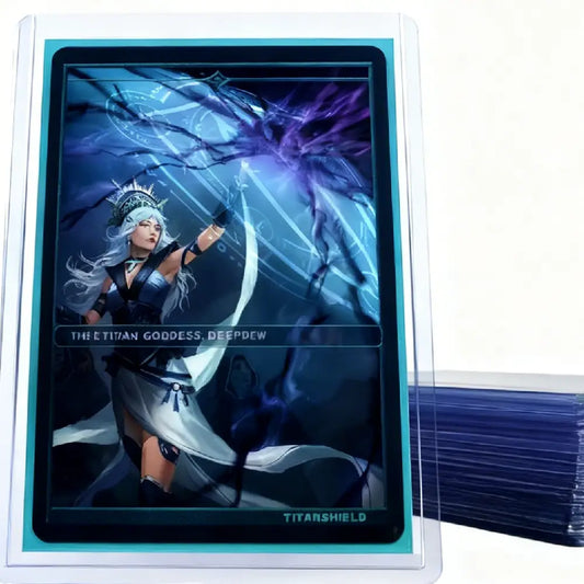 Crystal clear TitanShield Platinum toploader showing the seamless edge design for premium trading card and photocard display.
