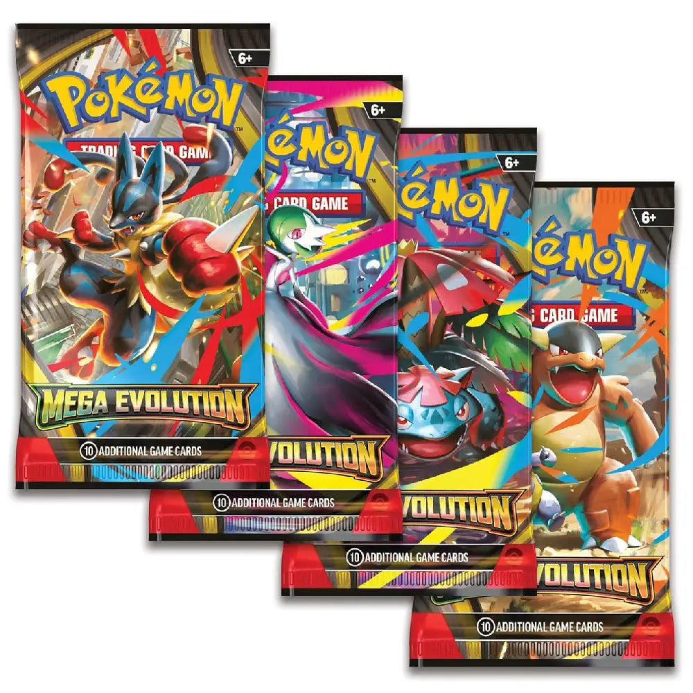 Pokemon TCG Mega Evolution Sleeved Booster Pack assorted artworks featuring Mega Lucario, Gardevoir, Venusaur, and Kangaskhan (English Version)