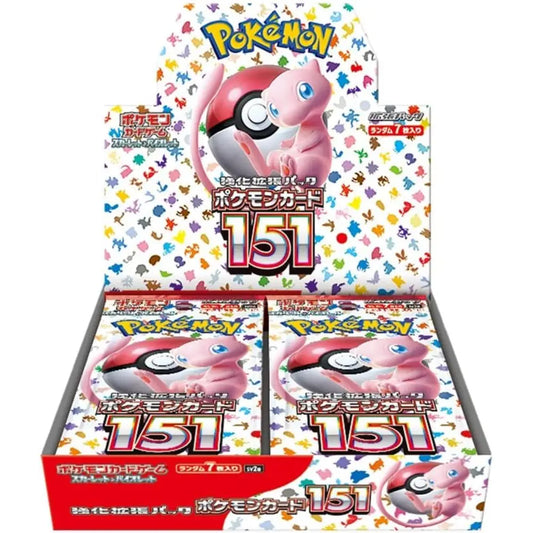 Pokemon Card Scarlet & Violet 151 sv2a Booster Box display with multiple sealed booster packs featuring Mew artwork