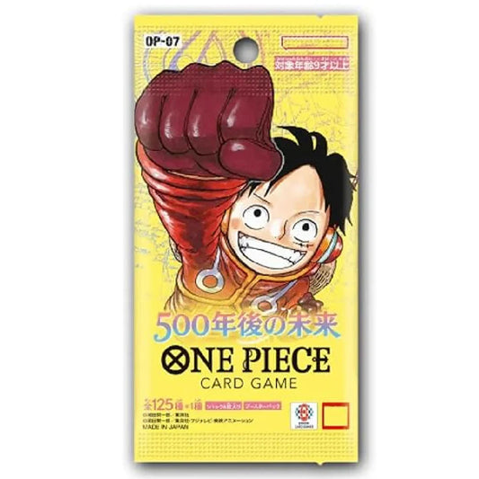 One Piece card game packaging with a character design on a yellow background