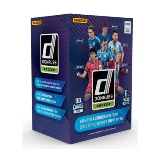 Donruss soccer trading card pack with player images on a white background