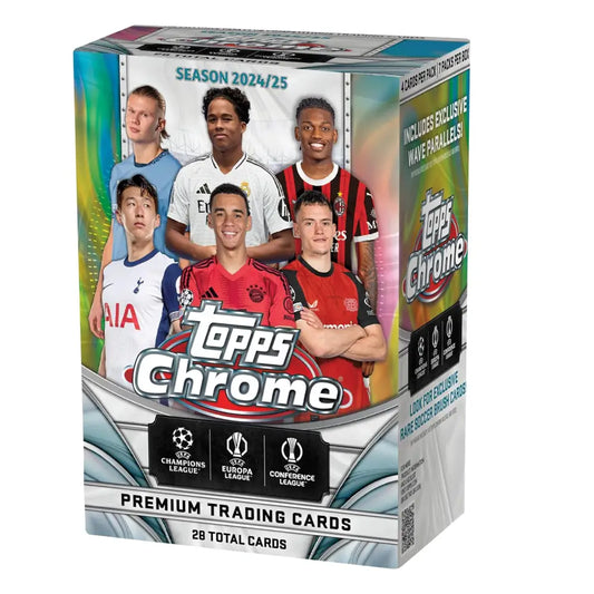 Topps Chrome premium trading cards packaging with soccer players on a white background