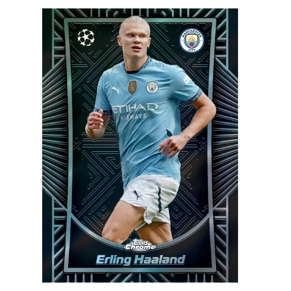 Soccer player card featuring Erling Haaland in a blue jersey with Manchester City logo.