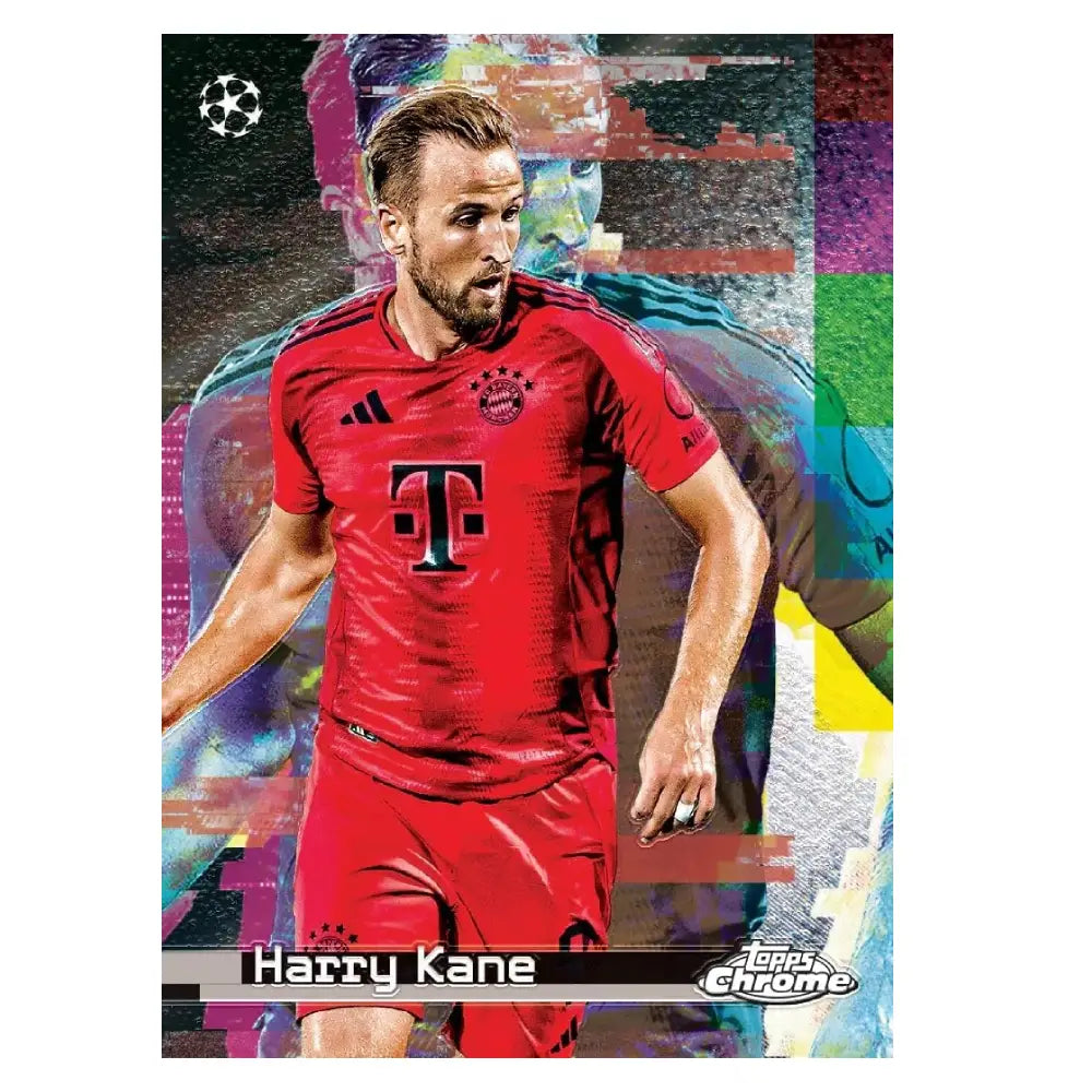 Soccer player in a red jersey with visible branding on a colorful background