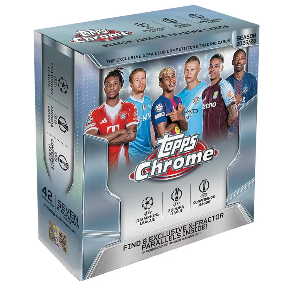 Topps Chrome soccer trading card pack with player images and branding on a white background