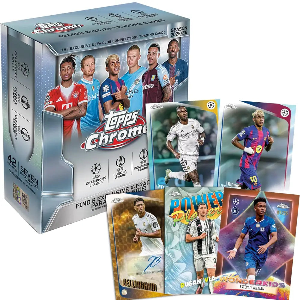 Topps Chrome UEFA Club Competitions trading card pack with player cards displayed.