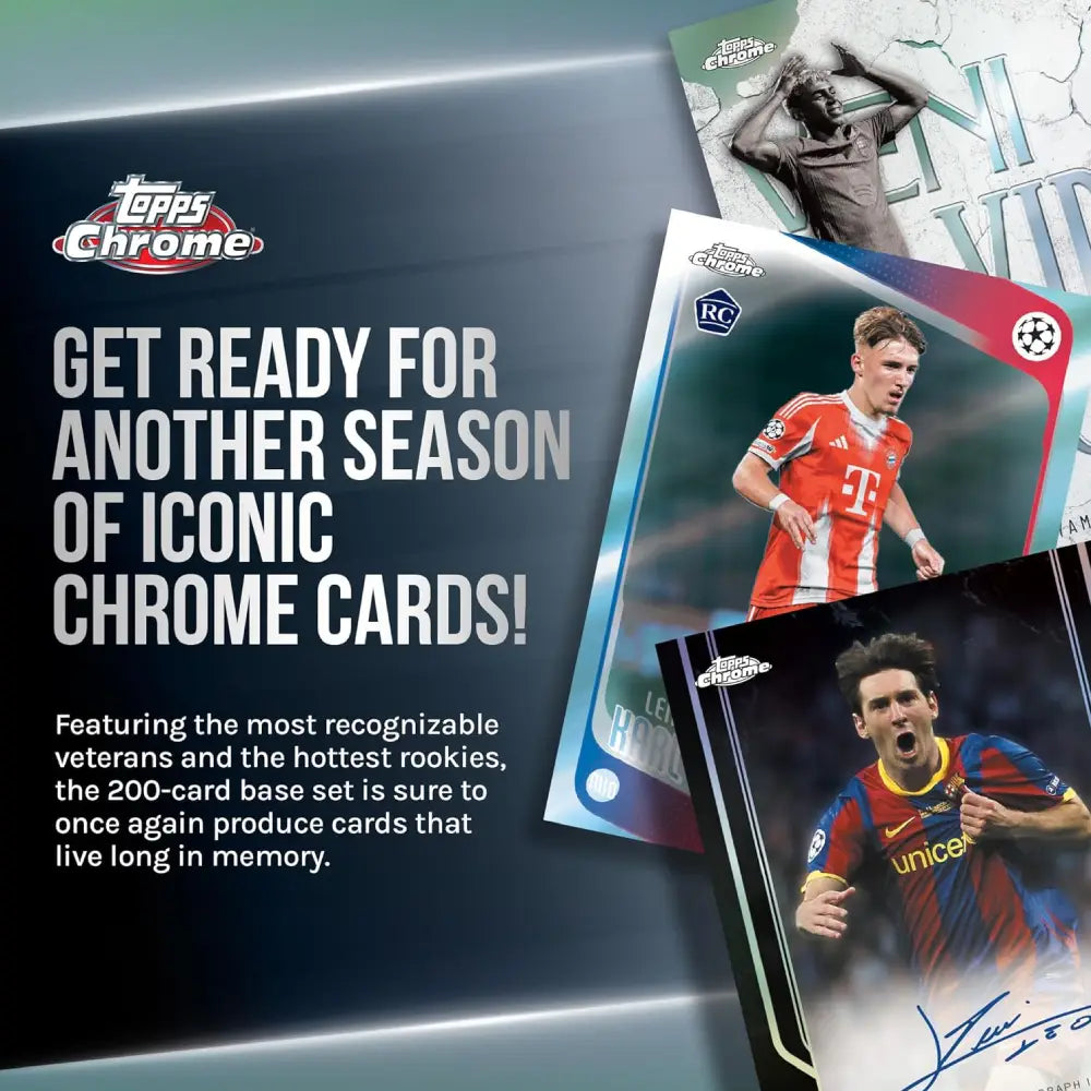 Promotional image for Topps Chrome trading cards featuring athletes on cards with text about new season cards.