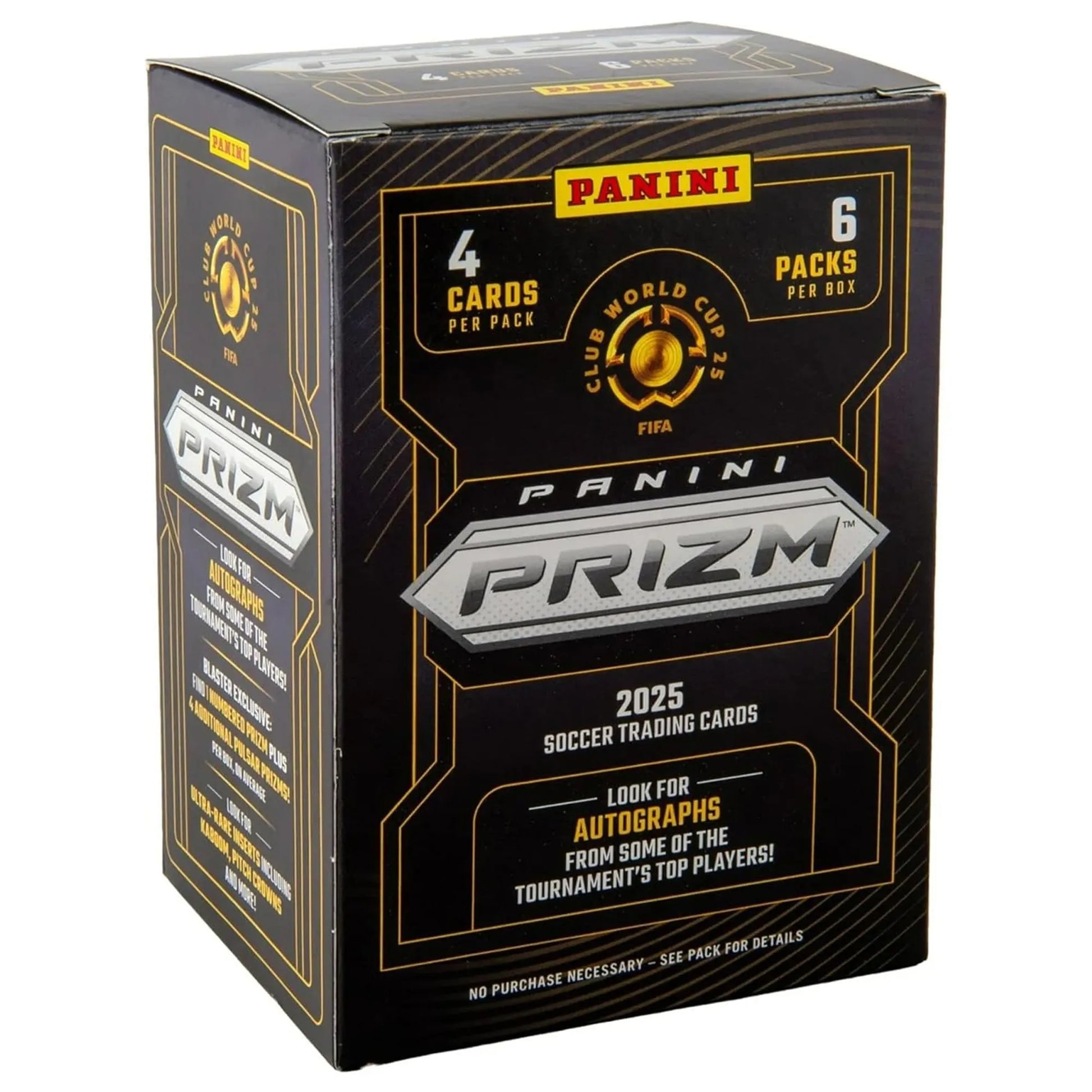 2025 Panini Prizm FIFA Club World Cup Blaster Box featuring 6 packs per box, 4 cards per pack, and exclusive Prizm soccer trading cards.