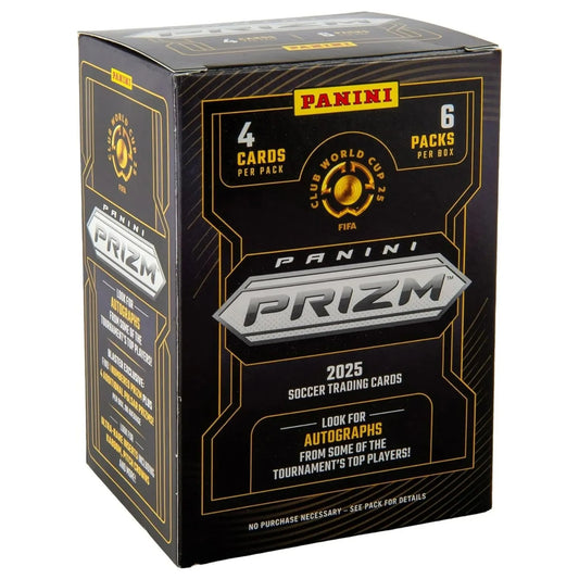 2025 Panini Prizm FIFA Club World Cup Blaster Box featuring 6 packs per box, 4 cards per pack, and exclusive Prizm soccer trading cards.