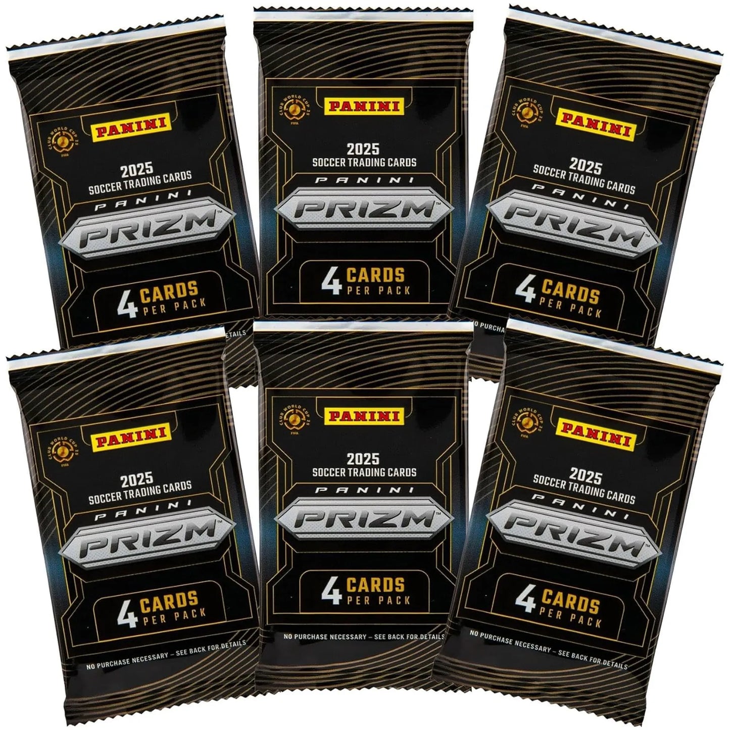 Six Panini Prizm FIFA Club World Cup 2025 soccer trading card packs included inside the blaster box with exclusive Prizm parallels and inserts.