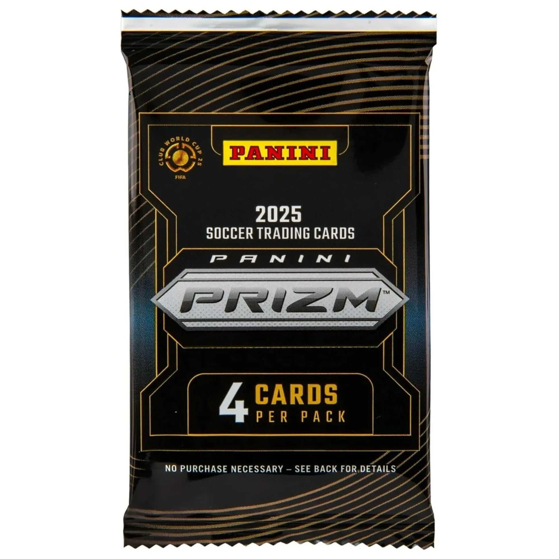 2025 Panini Prizm FIFA Club World Cup soccer trading card pack containing 4 cards and opportunities for exclusive Prizm parallels, rookies, and inserts.