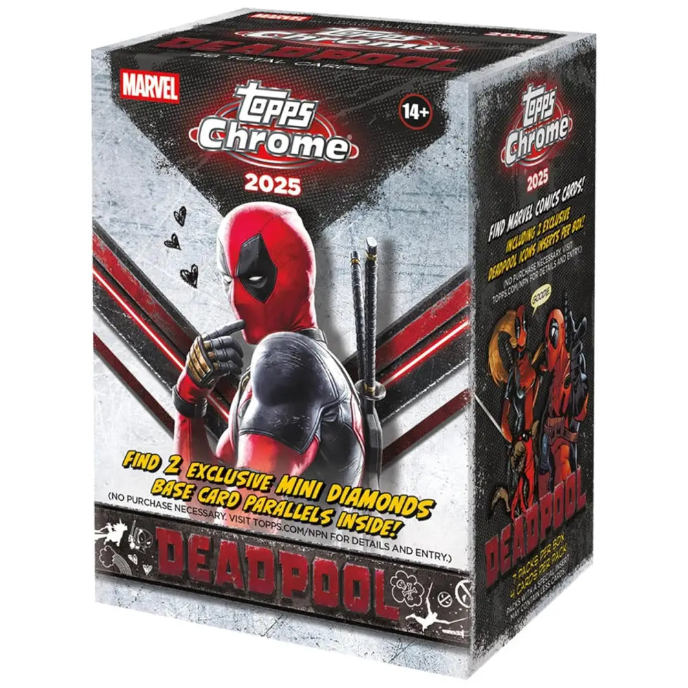 Topps Chrome 2025 Marvel Deadpool trading card box on a white background