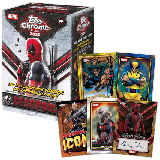 Marvel Topps Chrome trading card packs and cards featuring Deadpool and other characters on a white background.