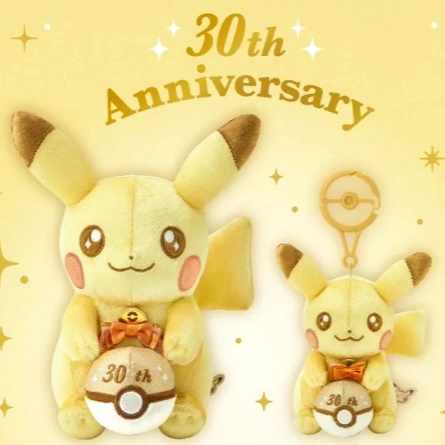 Two Pikachu plush toys celebrating a 30th anniversary on a yellow background with decorative elements.