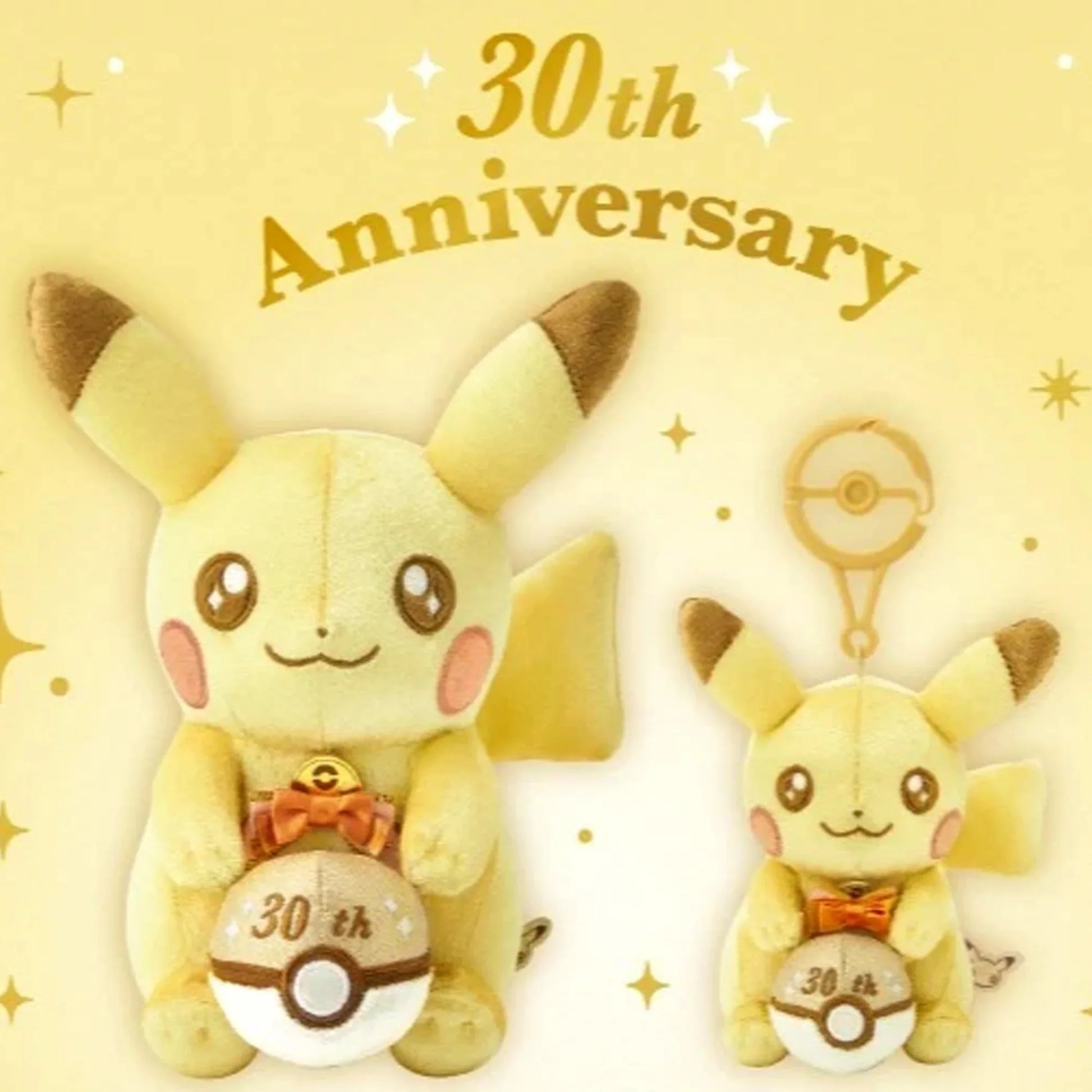 Two Pikachu plush toys celebrating a 30th anniversary on a yellow background with decorative elements.