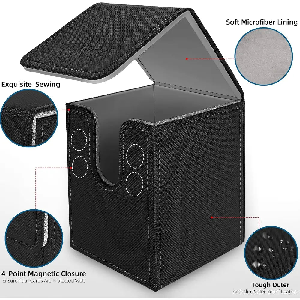 Product features of Mlikero deck box including 4-point magnetic closure, soft microfiber lining, exquisite sewing, and water-proof leather outer shell.