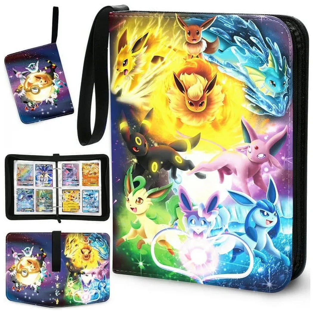 Pokémon-themed trading card holder with character illustrations on a white background