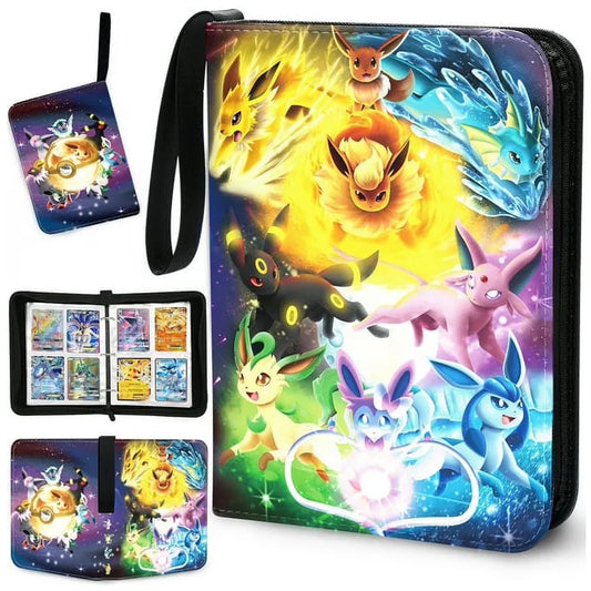 Pokémon-themed trading card holder with character illustrations on a white background