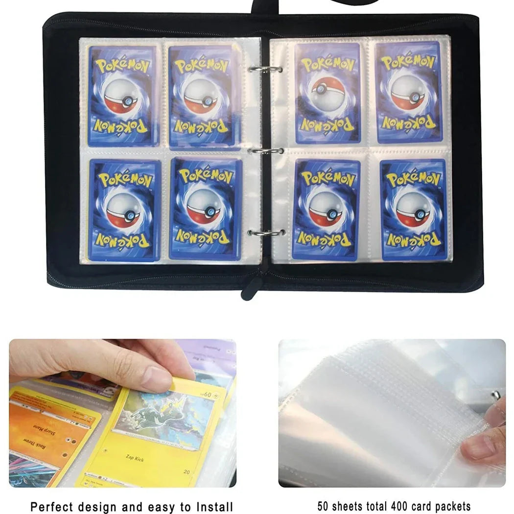 Pokémon trading card album with cards and a hand holding a card.