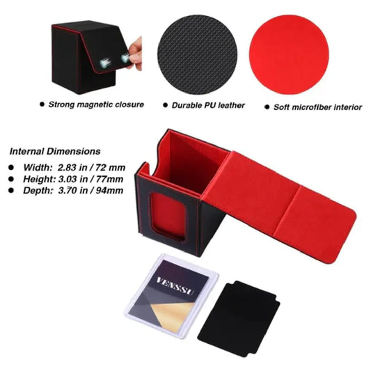 Venssu black and red deck box opened to show two matching card dividers and one protective toploader included for TCG organization - TCGVault.