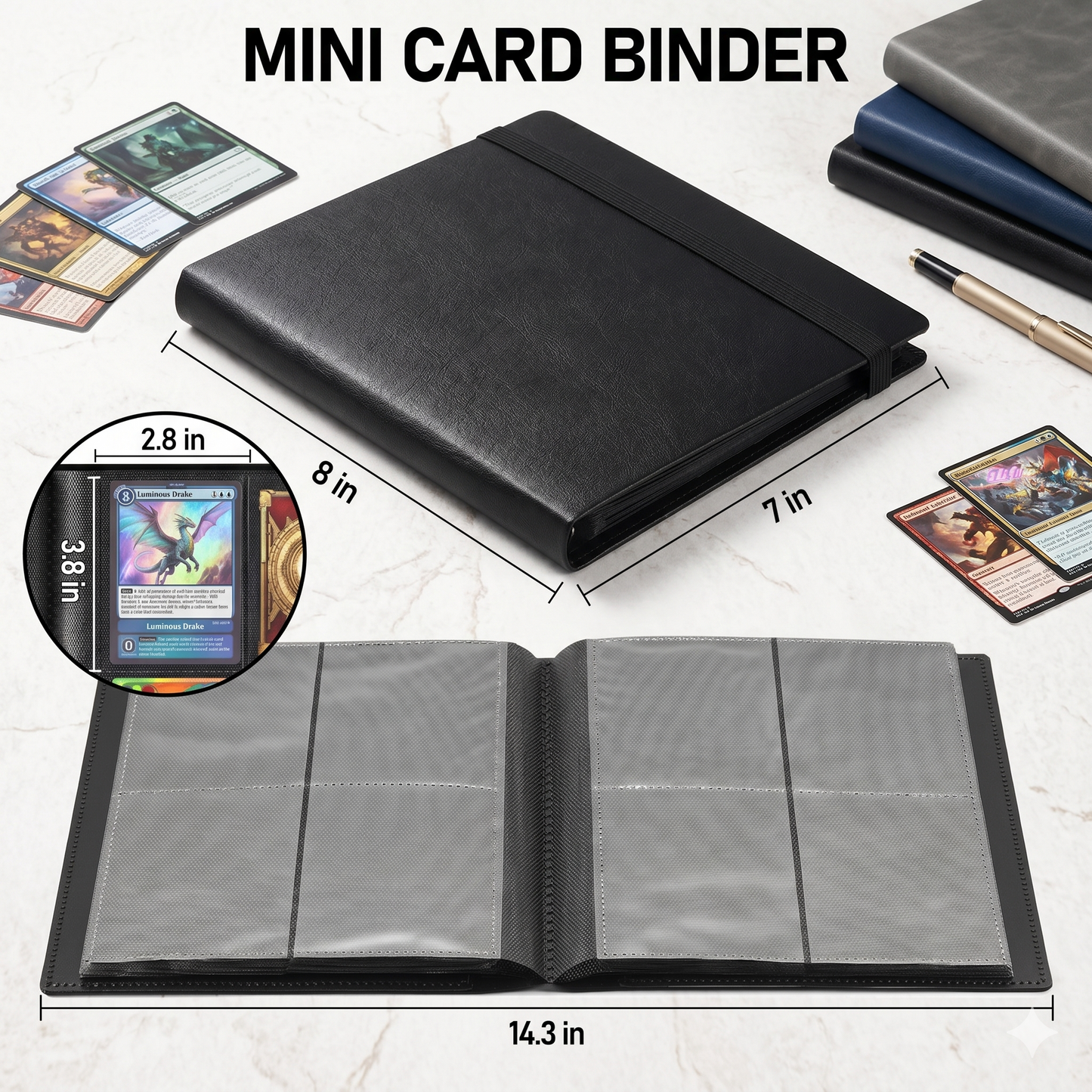 Mini card binder with dimensions and card display on a white background