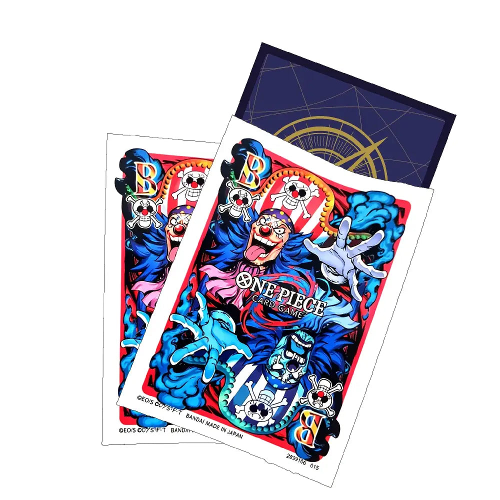 Official One Piece TCG card sleeves featuring Buggy the Clown and the Cross Guild logo with vibrant red and blue "Flashy" artwork by TCGVault.
