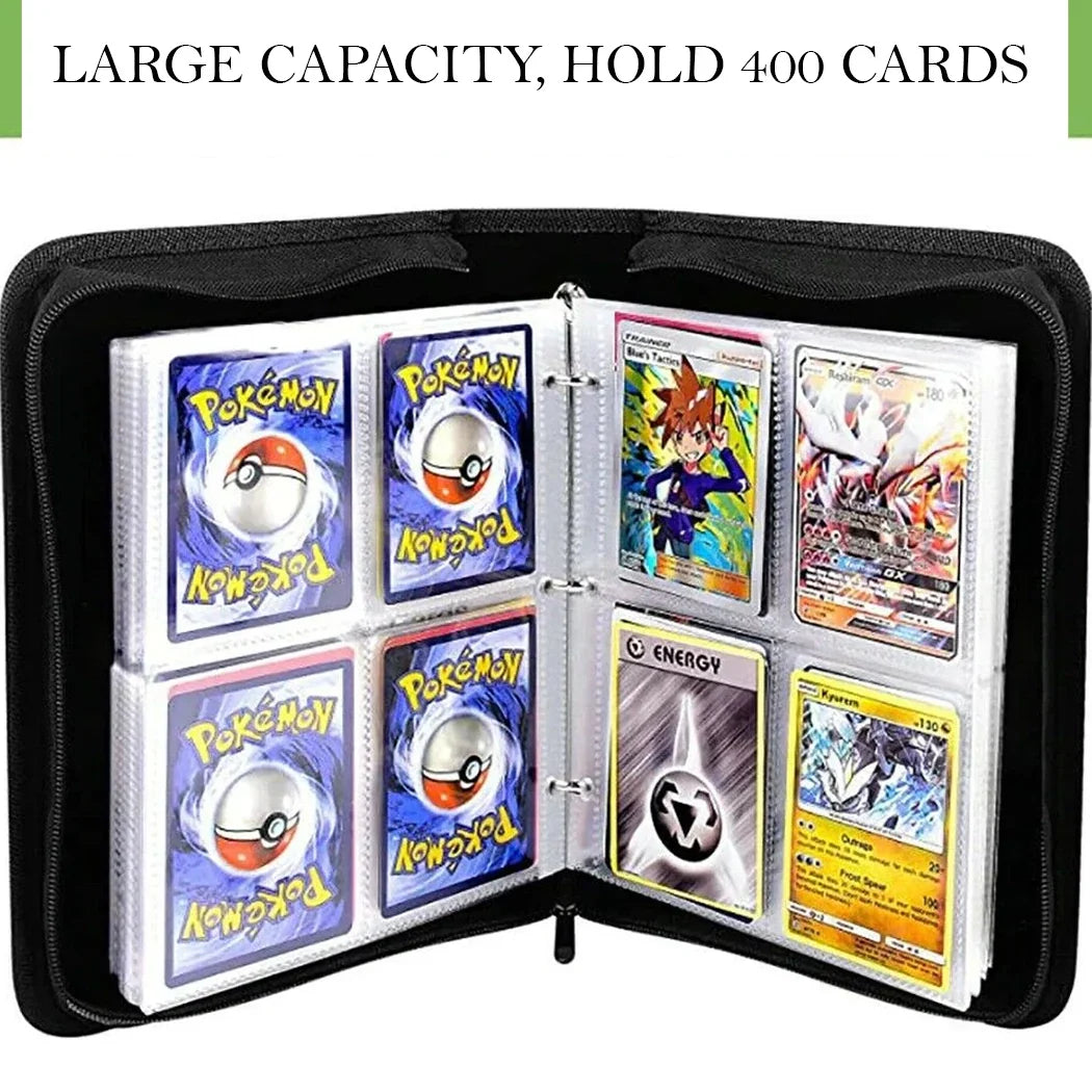 Card holder with multiple Pokémon trading cards displayed, emphasizing its capacity to hold 400 cards.