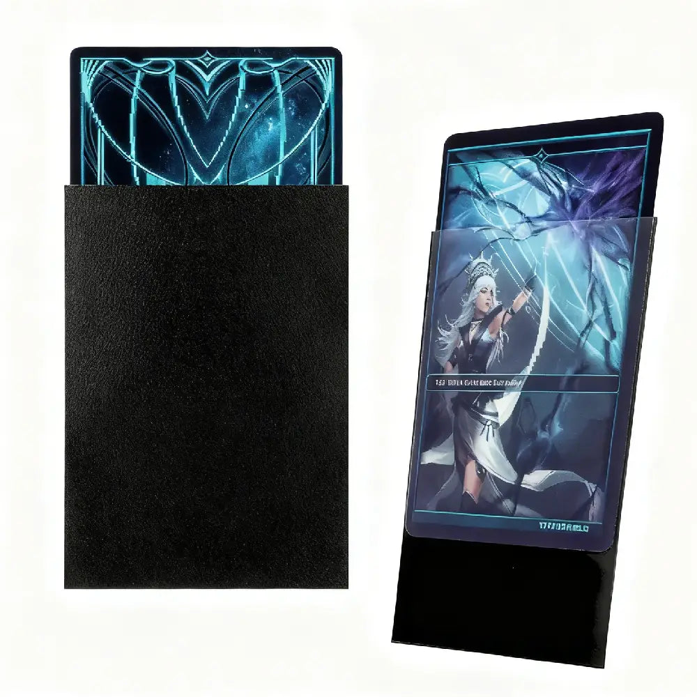 Close-up of TitanShield black textured matte card sleeves showing the tournament-grade material and high-clarity front for TCG cards.