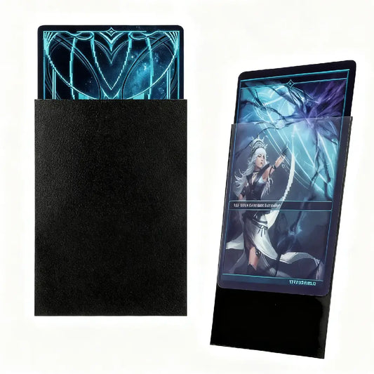 Close-up of TitanShield black textured matte card sleeves showing the tournament-grade material and high-clarity front for TCG cards.