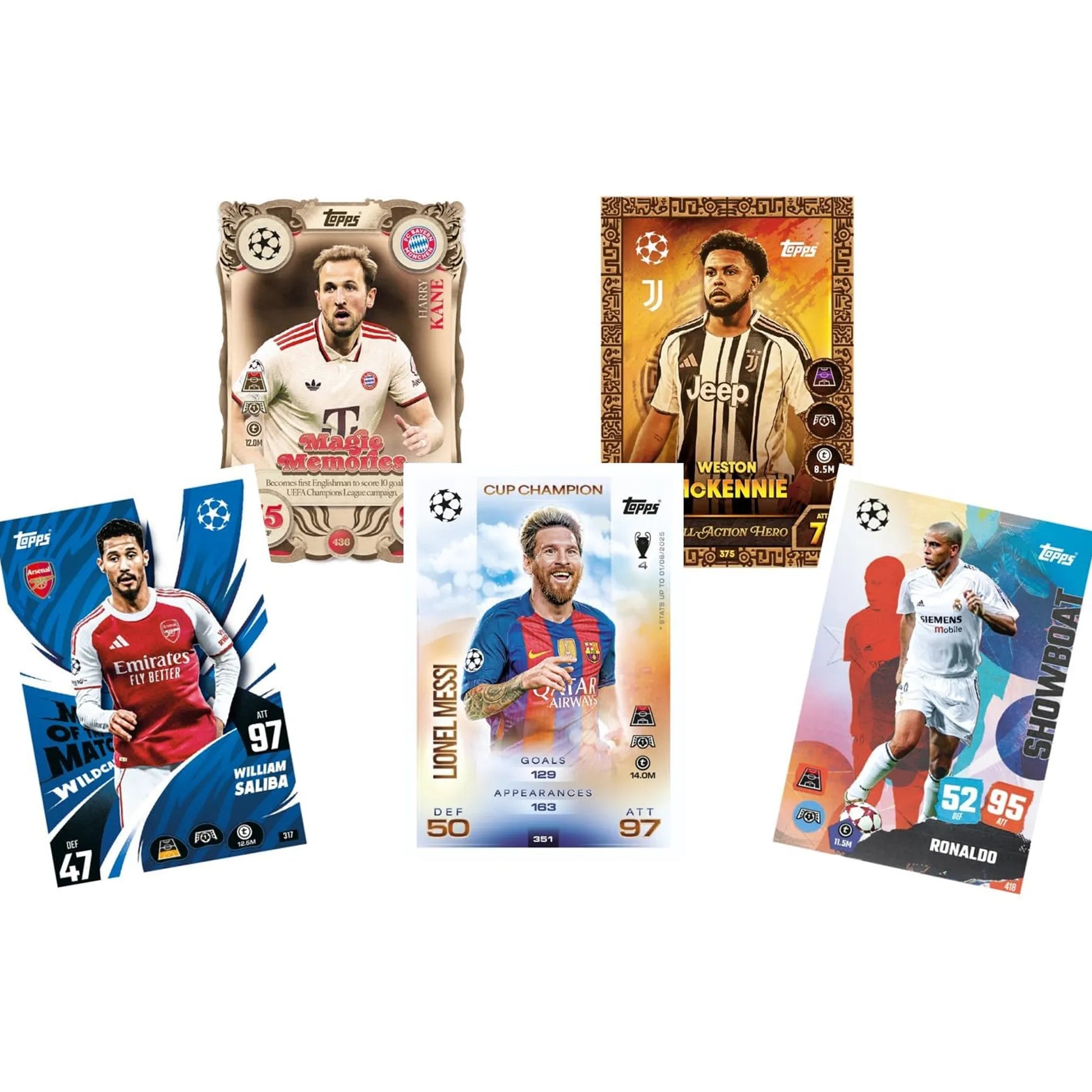Collection of soccer player trading cards from different teams on a white background