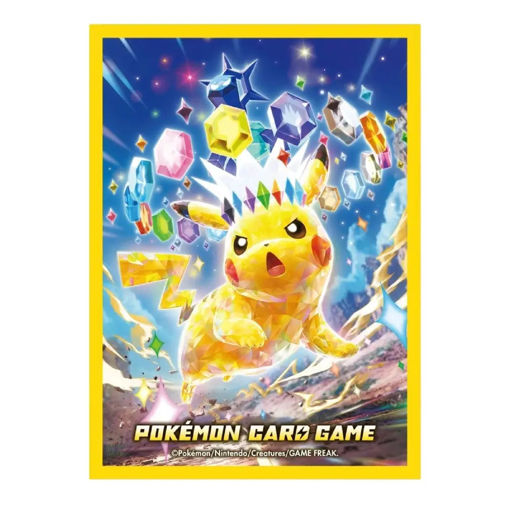 Official Pokémon Center card sleeves featuring Stellar Form Pikachu with a crystalline Terastal crown and a rainbow-colored jewel background by TCGVault.
