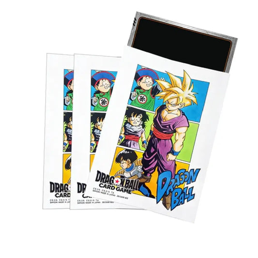 A group of Dragon Ball Super Fusion World Manga Collection 4 sleeves featuring the Son Gohan evolution artwork with a Dragon Ball card inserted for display.