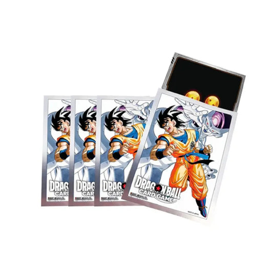 A fan of Dragon Ball Z Son Goku vs. Frieza sleeves showing the premium silver border and a Dragon Ball card being inserted for a perfect fit.