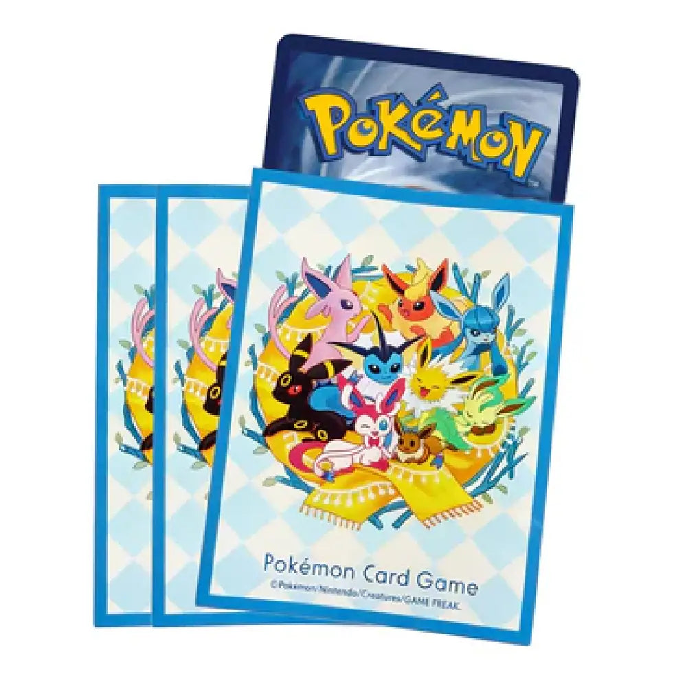 Official Pokémon Center 2024 card sleeves featuring Eevee surrounded by all eight Eeveelutions in a colorful, celestial-themed artwork by TCGVault.