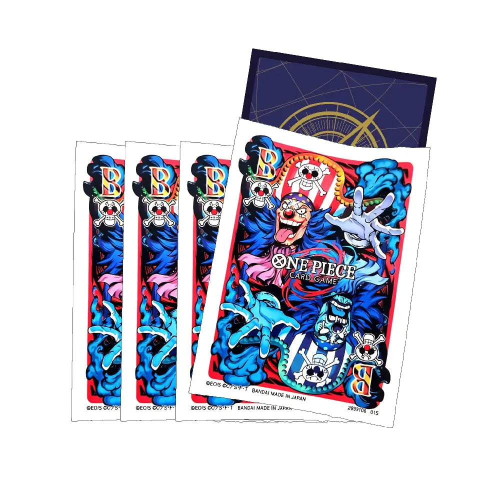 Set of official Bandai One Piece TCG Buggy the Star Clown sleeves showing detailed character art and the One Piece Card Game branding for standard sized cards.