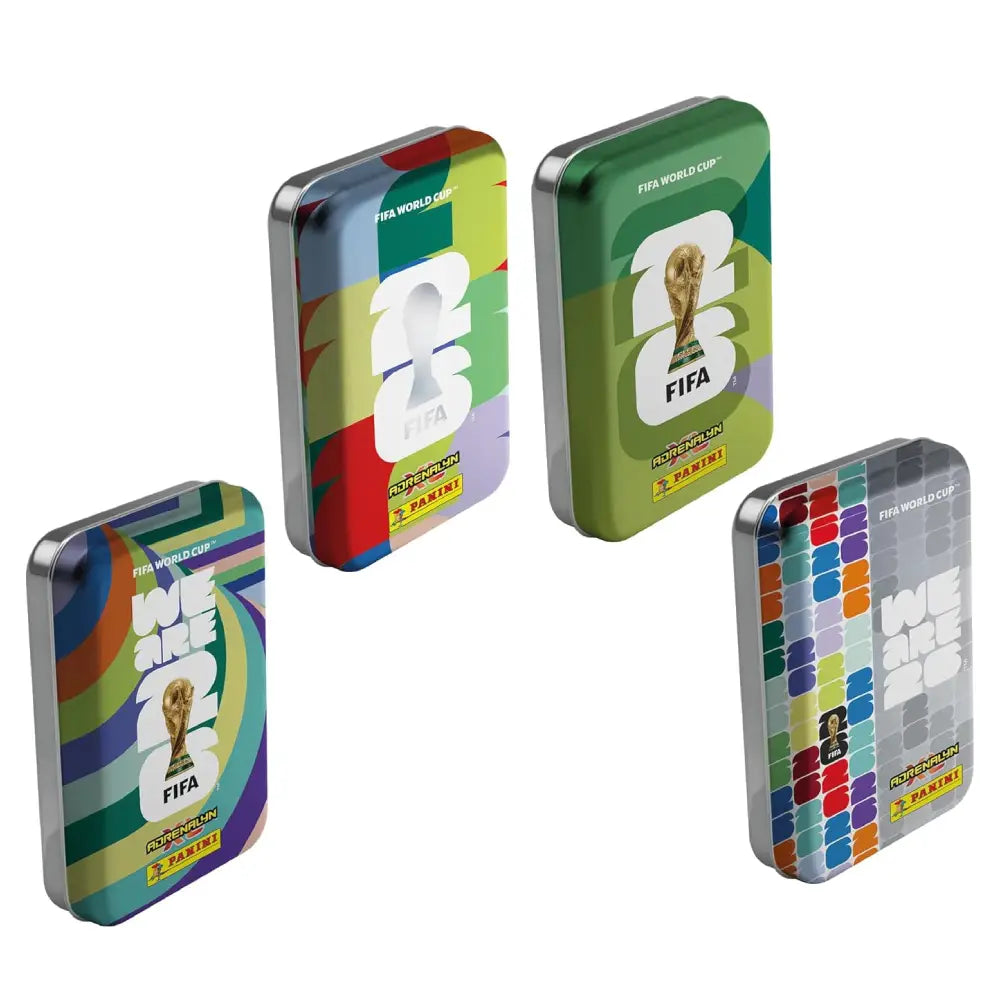Four colorful tins with FIFA World Cup branding on a white background