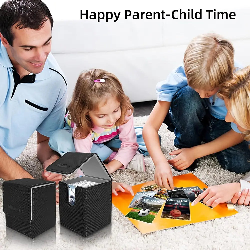 Family playing with trading cards featuring Mlikero magnetic deck boxes for safe and organized tabletop gaming and card collecting.