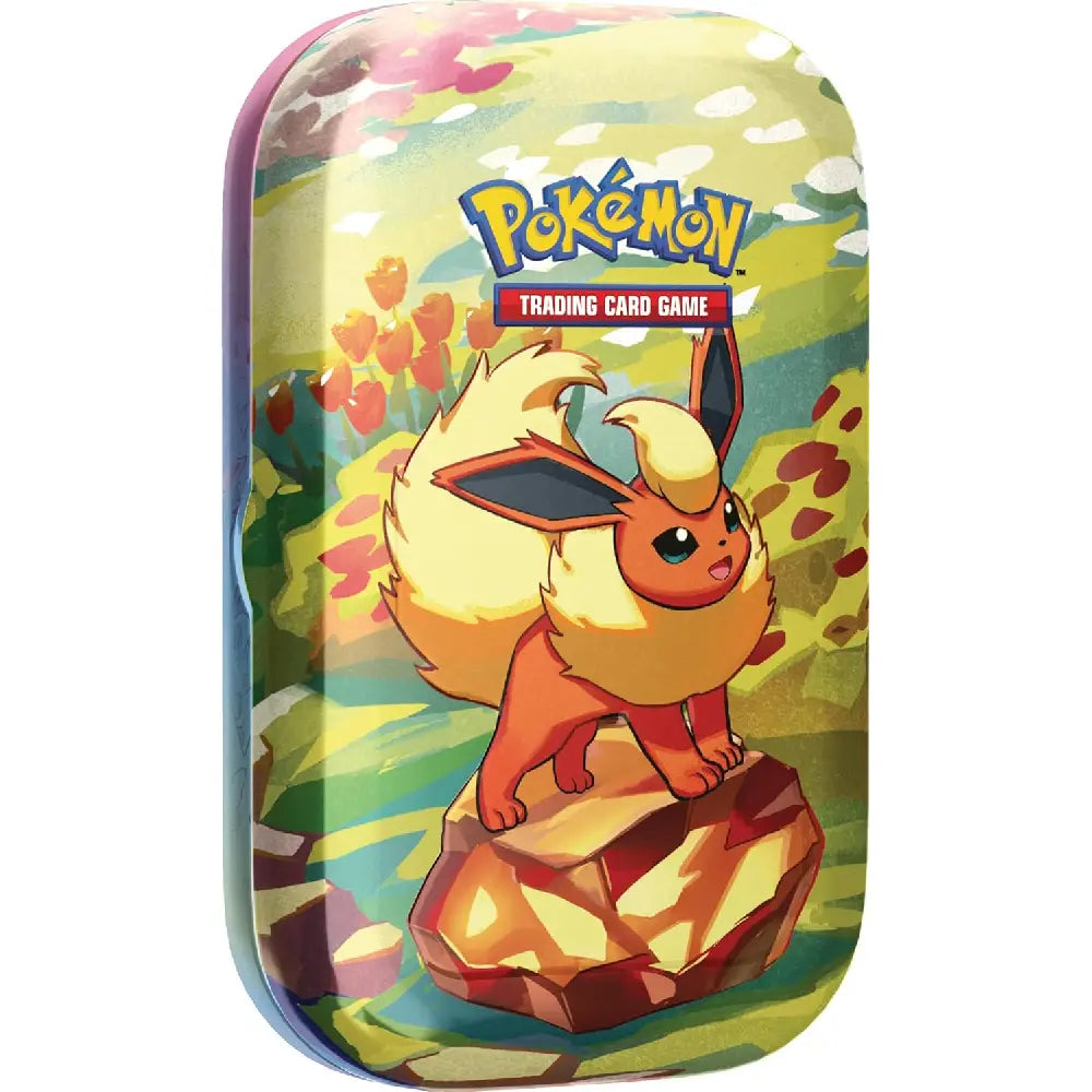 Pokemon TCG Scarlet and Violet Prismatic Evolutions Mini Tin Flareon front view collectible tin