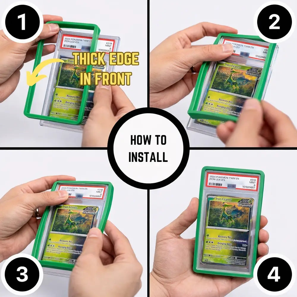 Four-step "How to Install" guide for graded card slab bumpers showing the easy application of the silicone guard onto a PSA Pokémon card case.