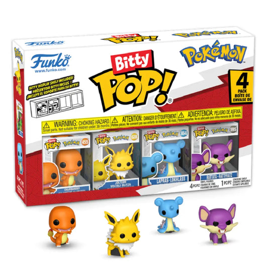 Funko Bitty POP! Pokémon 4-Pack featuring mini vinyl figures of Charmander, Jolteon, Lapras, and Rattata - TCGVault