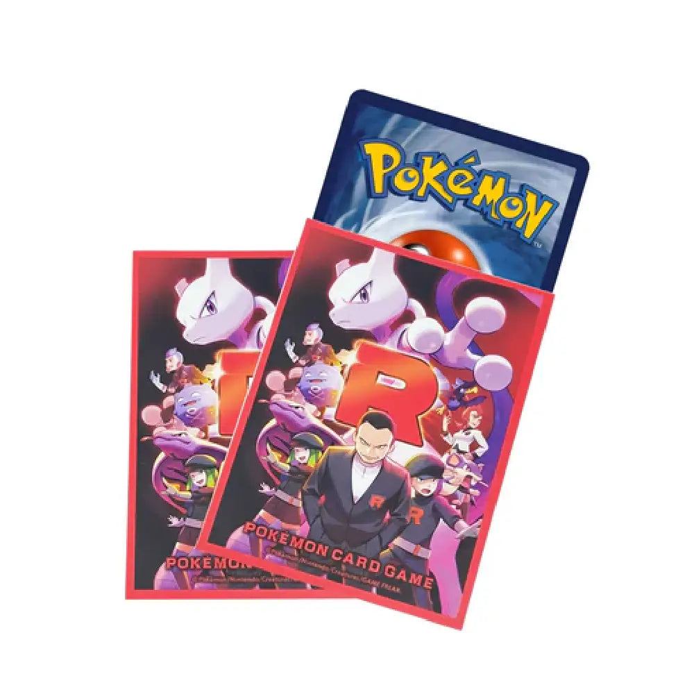 Glory of Team Rocket Pokémon TCG card sleeves showing the detailed artwork of Team Rocket admins and a Pokémon card being inserted.