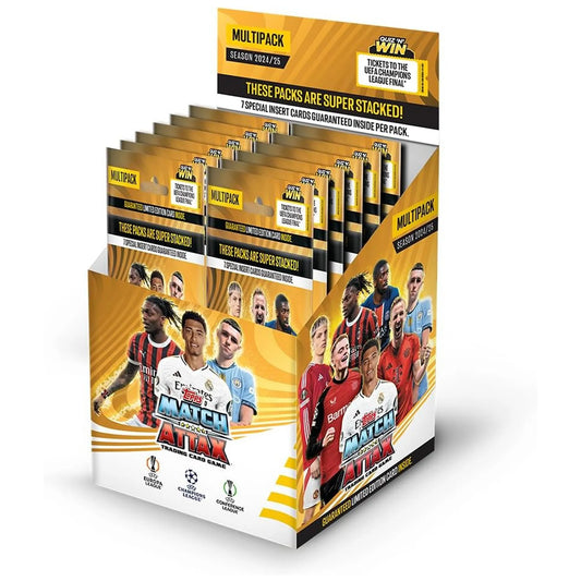 UEFA Champions League Match Attax 24/25 multipack showcasing sealed football card packs from the official Topps trading card collection.
