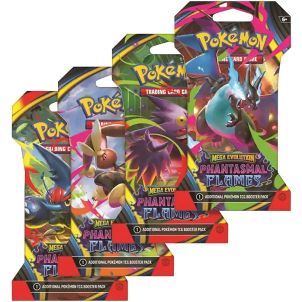 Pokemon TCG Mega Evolution Phantasmal Flames Sleeved Booster Pack assorted artwork including Mega Charizard X, Gengar, Lopunny, and Heracross (English Version)