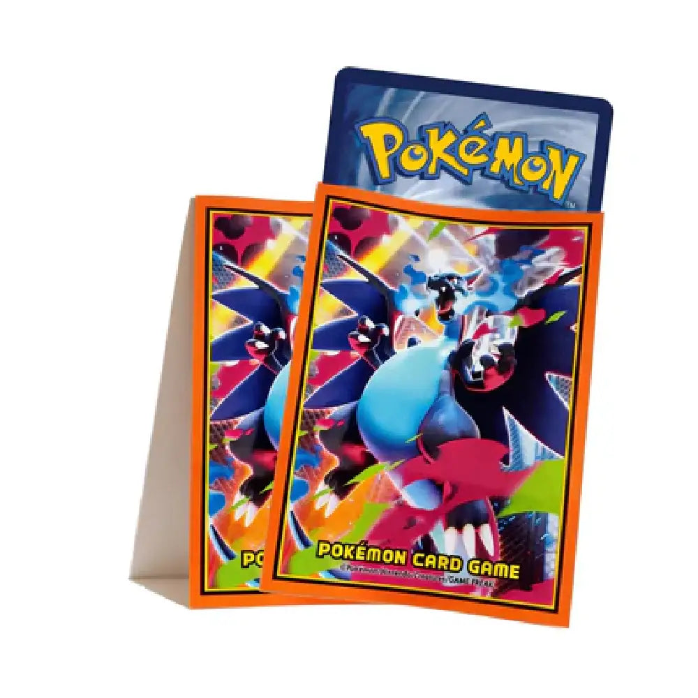 Official Pokémon Center card sleeves featuring high-definition artwork of Mega Charizard X with blue flames and a dark background by TCGVault.