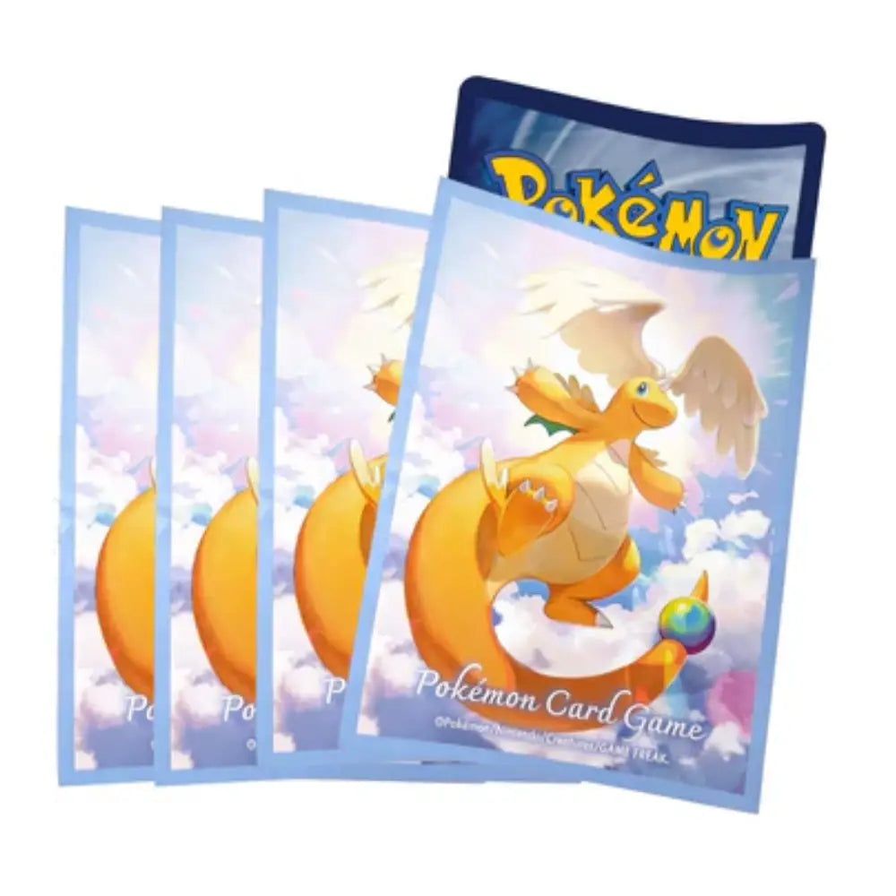 Official Pokémon Center card sleeves featuring high-definition artwork of Mega Dragonite in a dynamic flying pose by TCGVault.