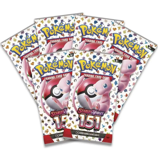 Pokémon TCG: Scarlet & Violet—151 Booster Bundle box featuring Mew illustration and Poké-Ball design, includes 6 Pokémon booster packs from the Scarlet & Violet 151 expansion.