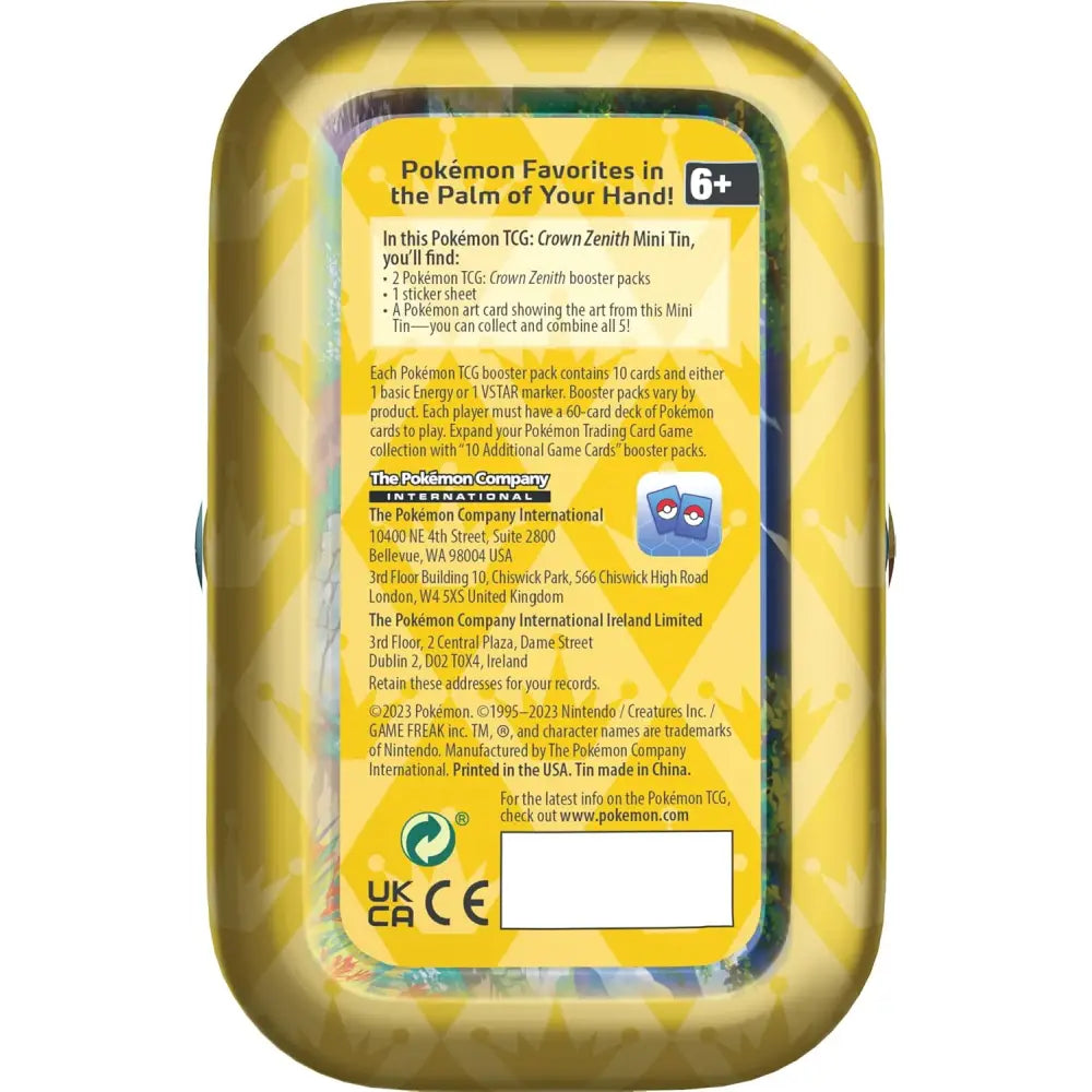 Pokemon Crown Zenith Mini Tin Leon back view showing contents booster packs sticker sheet Pokemon TCG