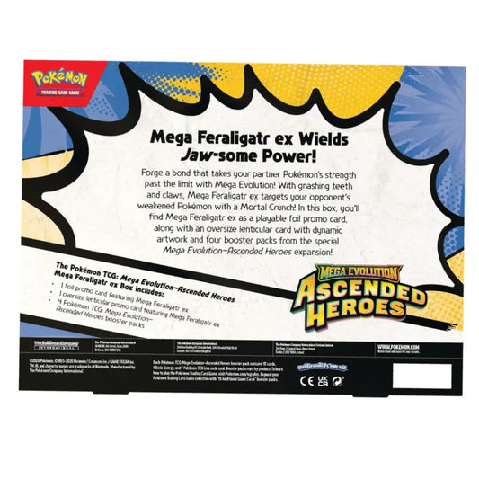 Pokémon Mega Evolution Ascended Heroes packaging with text and branding.